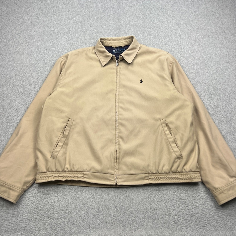 Polo Ralph Lauren Harrington Jacket Mens Large Beige Full Zip Plaid Lined Pony
